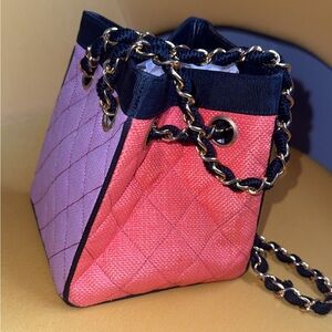 CHANEL MULTICOLOR MINI VINTAGE 90'S TOTE BAG RARE PINK ORANGE BLACK STRAW